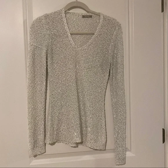 Orsay sparkly white fall sweater V-neck tight fit - Picture 7 of 13